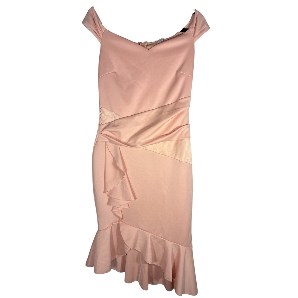 VENUS Blush pink Off Shoulder Ruffle Hem Midi Dress Cap Sleeve Cocktail Size S